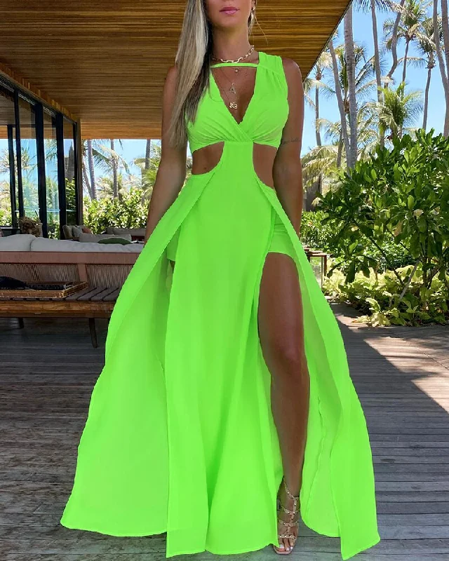 JuliaFashion-Beach Holiday Wear Thigh Slit Long Maxi Dress Trendy V-Neck Maxi Dress