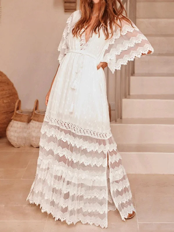 Lace Boho V-Neck Short Sleeve Maxi Dress Elegant Floral Maxi Dress