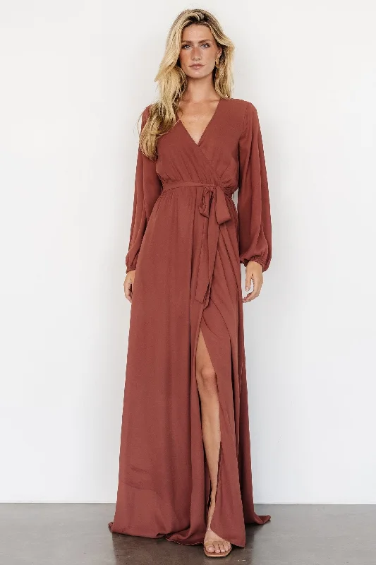 Breanne Faux Wrap Maxi Dress | Dusty Rust Classic Strapless Maxi Dress