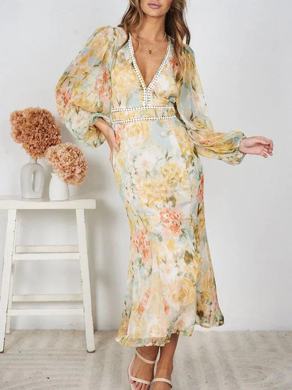 Chiffon Floral V Neck Maxi Dress Elegant Maxi Dress with Ruffles