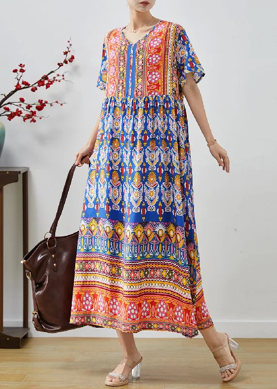 Classy Blue Oversized Print Cotton Maxi Dresses Summer Elegant Wraparound Maxi Dress