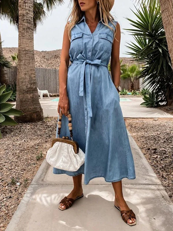 Denim Belt Sleeveless Maxi Dress Fashionable Layered Maxi Dress