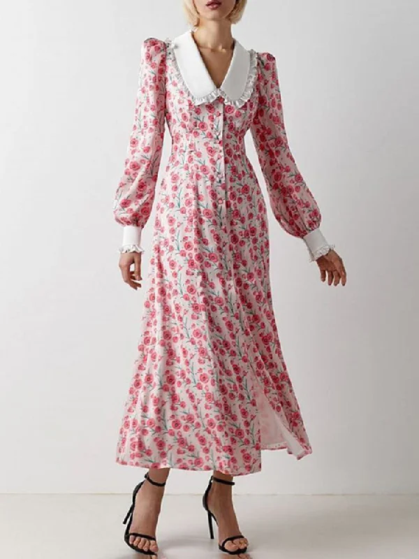 Doll Collar Split Flower Maxi Dresss Comfortable Long-Sleeve Maxi Dress