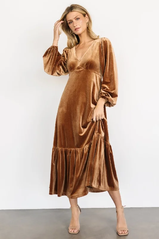 Erika Velvet Maxi Dress | Caramel Stylish Maxi Dress with Pleats