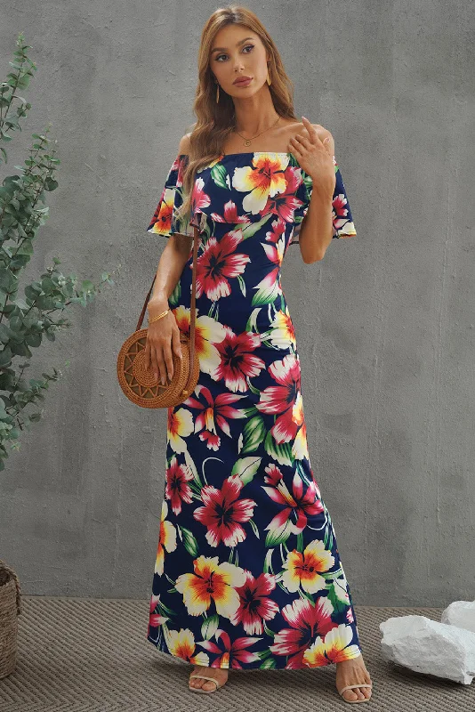 Floral Layered Off-Shoulder Maxi Dress Fashionable Chiffon Maxi Dress