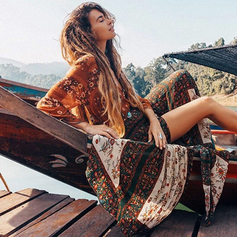 JuliaFashion-Gypsy Style Boho Deep Split Maxi Dress Comfortable Ruffle Maxi Dress