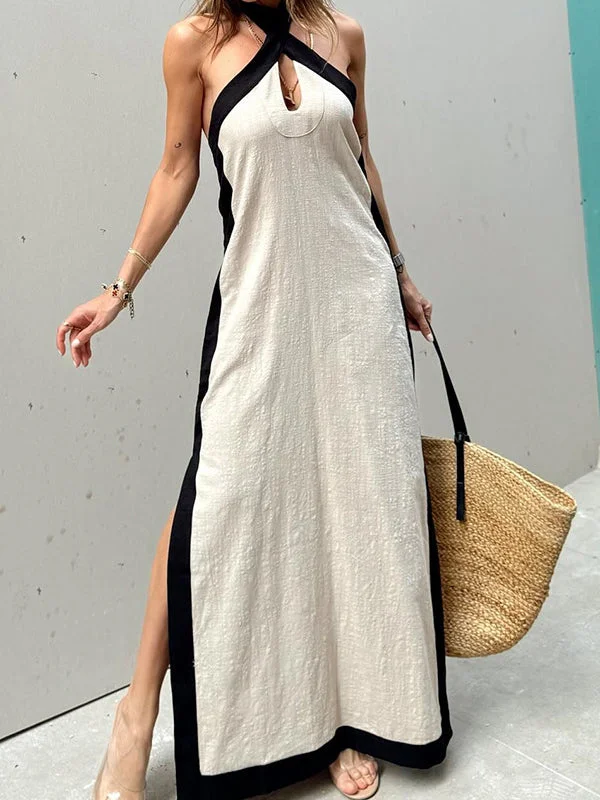 Halter Linen Slit Maxi Dress Stylish One-Shoulder Maxi Dress