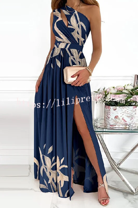 Lilipretty Jolie Floral One Shoulder Cutout Slit Maxi Dress Cozy Spaghetti Strap Maxi Dress