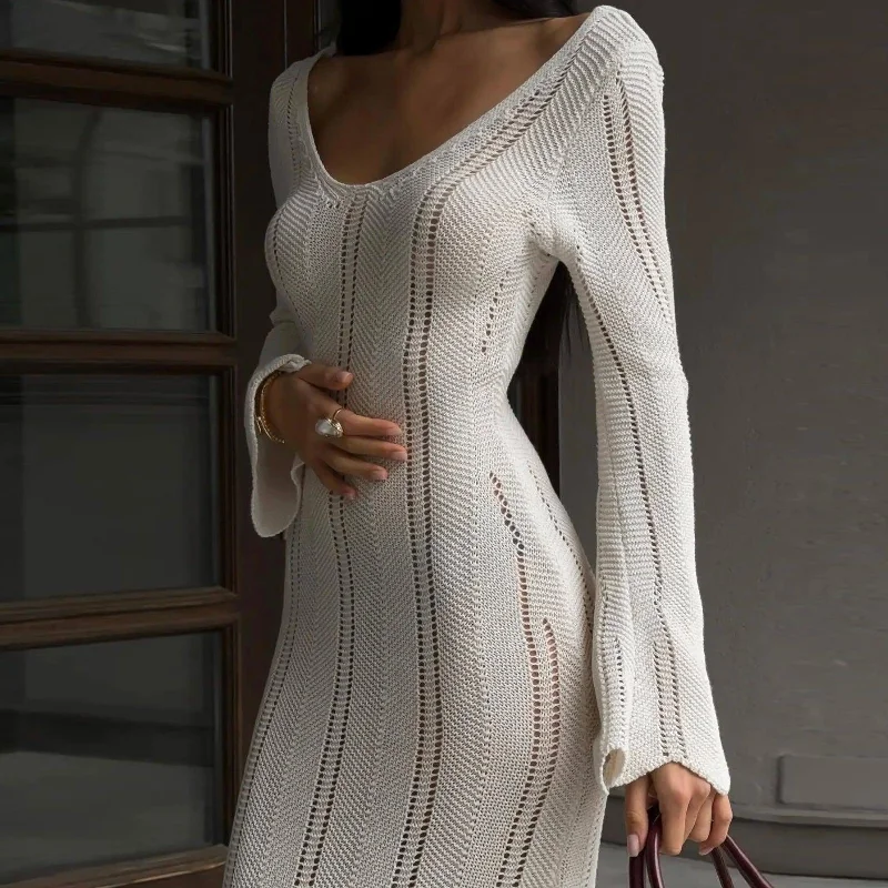 Juno Knitted Long Sleeved Maxi Dress Fashionable Chiffon Tiered Maxi Dress