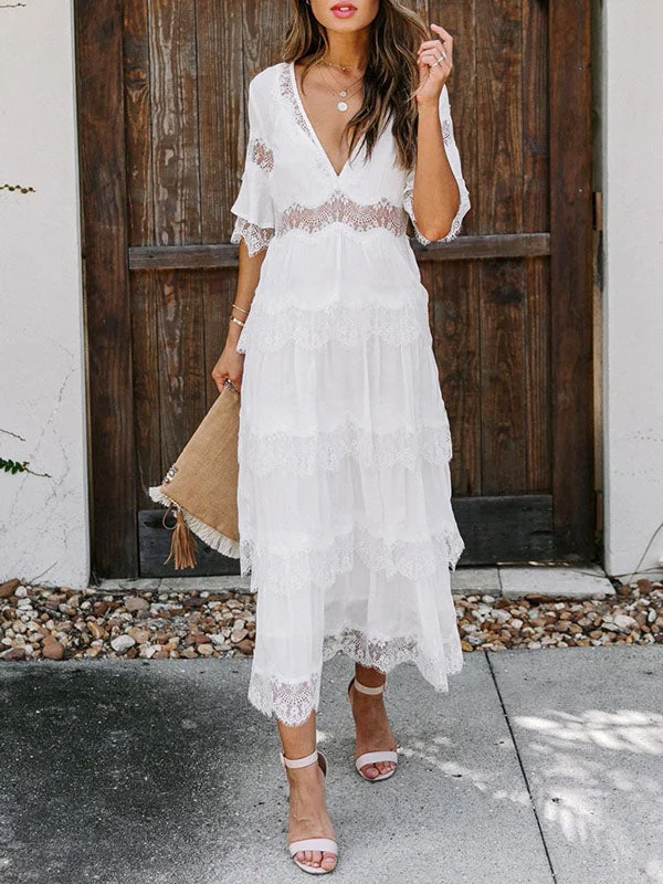 Lace Patchwork V Neck Maxi Dress Comfortable Ruffle Hem Maxi Dress