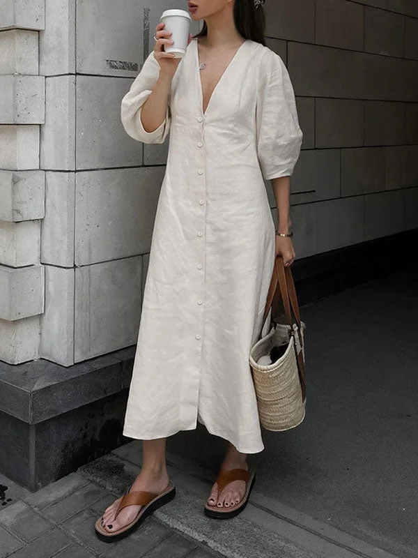 Linen Puff Sleeve V-Neck A-Line Maxi Dress Fashionable Layered Maxi Dress