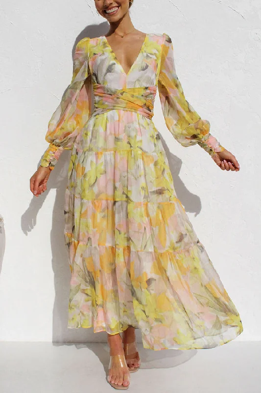 Lilipretty Olena Abstract Floral Balloon Sleeves Maxi Dress Cozy Open-Back Maxi Dress