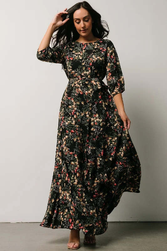 Rebecca Maxi Dress | Black Pomegranate Print Stylish Off-Shoulder Maxi Dress