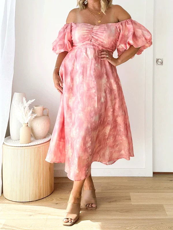 Short Sleeve Off Shoulder Floral Maxi Dress Cozy Ruffle Sleeve Maxi Dress