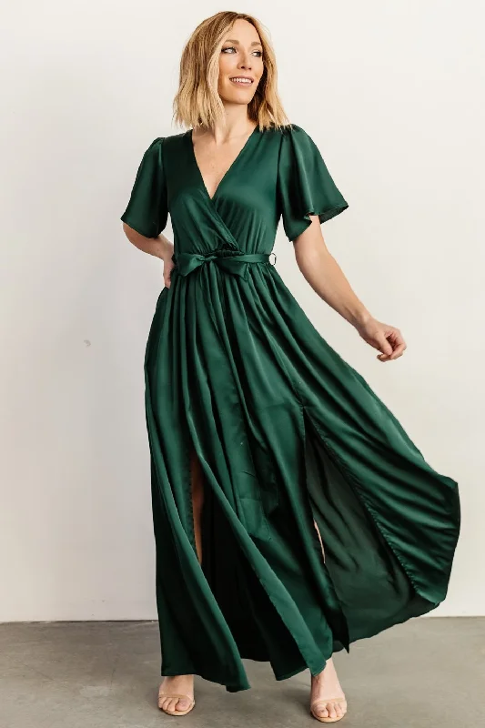 Sicily Satin Maxi Dress | Emerald Comfortable Maxi Dress with Belt