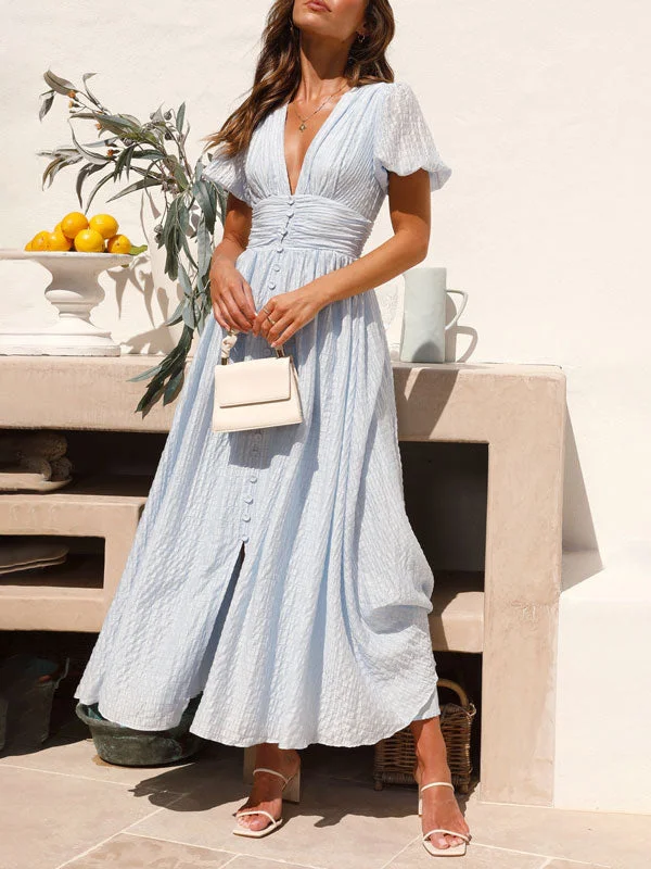 Solid Color Button Up Split Maxi Dress Elegant Maxi Dress with Slit