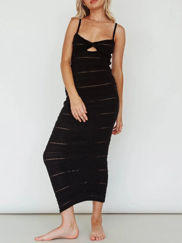 Spaghetti Strap Hollow Out Knit Maxi Dress Stylish Longline Maxi Dress