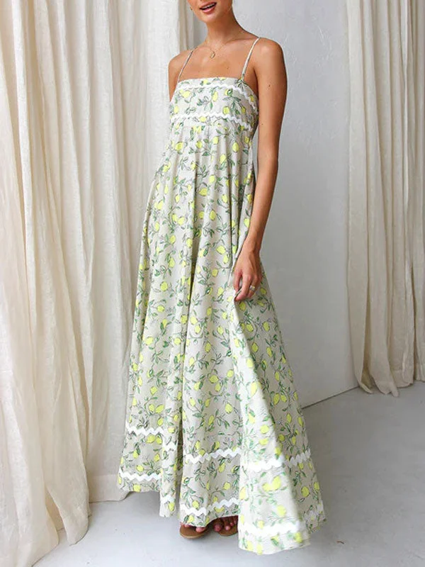 Spaghetti Straps Lemon Print Floral Maxi Dress Classic Solid Maxi Dress