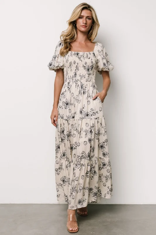 Susanna Smocked Maxi Dress | Ivory + Blue Floral Trendy Fit-and-Flare Maxi Dress