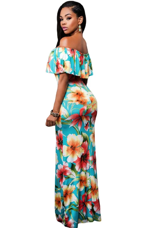 JuliaFashion - 2024 Turquoise Roses Print Off-the-shoulder Maxi Dress Comfortable Fitted Maxi Dress