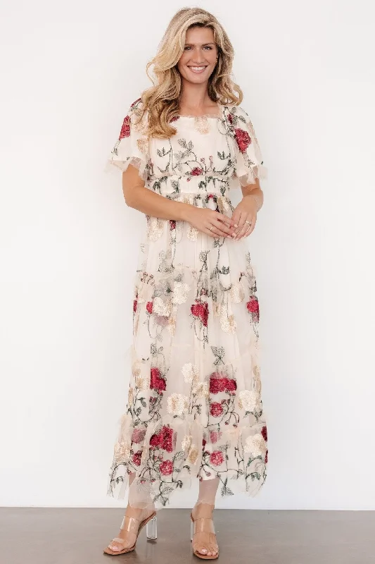 Allison Embroidered Tulle Maxi Dress | Cream Multi Fashionable Faux Wrap Maxi Dress