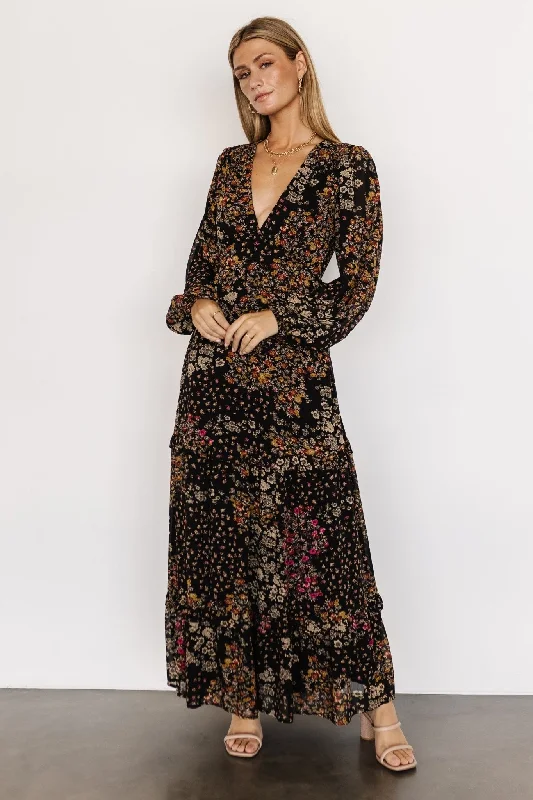 Bowman Deep V Maxi Dress | Black Multi Comfortable Ruffle Maxi Dress