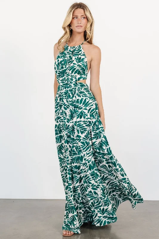 Brett Halter Maxi Dress | Palm Green Print Trendy Short Sleeve Maxi Dress