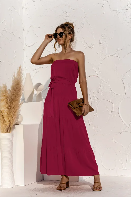 Free Falling Strapless Tiered Maxi Dress - Merlot Elegant Pleated Maxi Dress