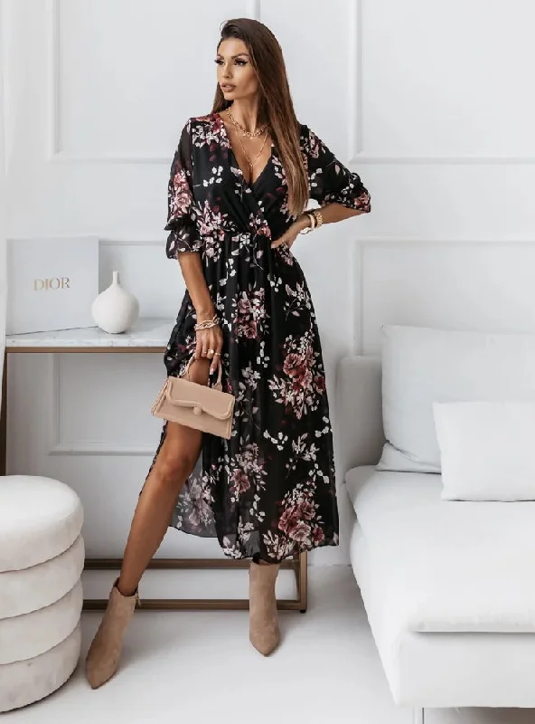 Golden Leaves Floral Slit Maxi Dress Cozy Knitted Maxi Dress