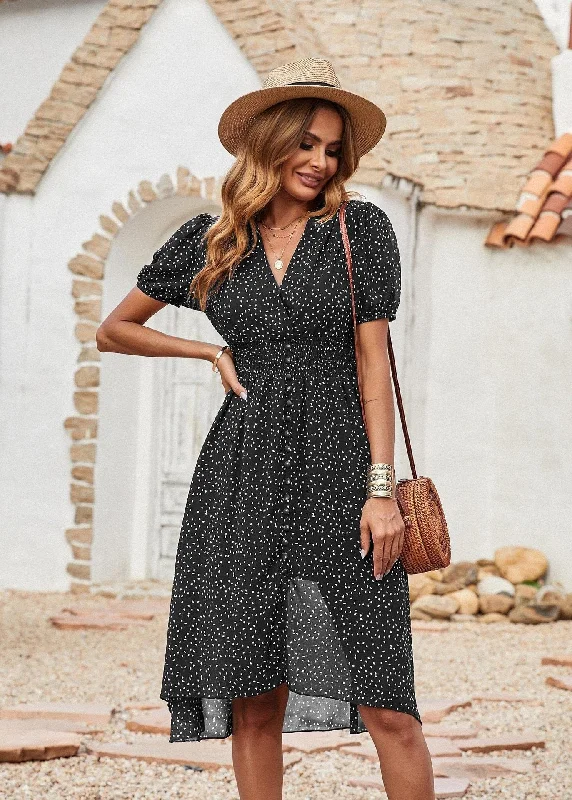 Larkspur Pocketed Button Down Ruffle Maxi Dress - Black Stylish Long Sleeve Maxi Dress