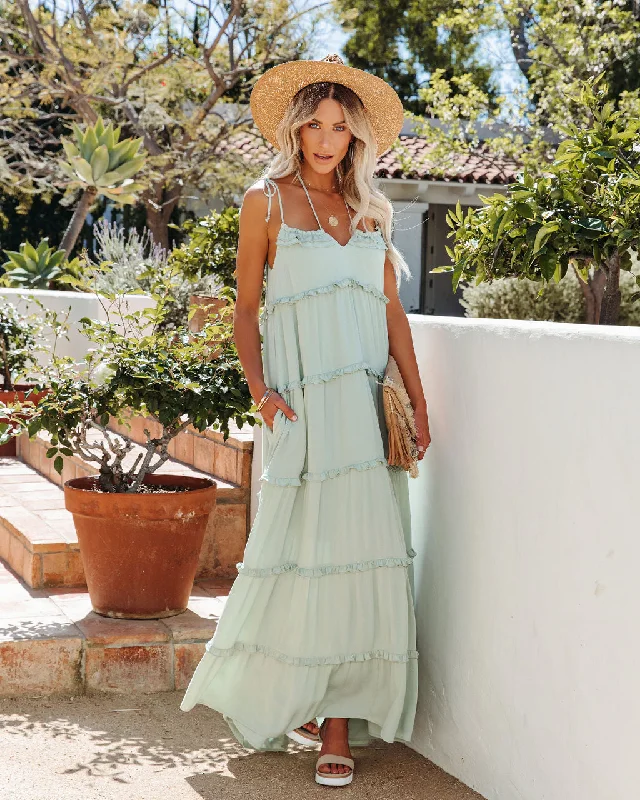 Leighton Pocketed Ruffle Tiered Maxi Dress - Misty Jade Fashionable Printed Maxi Dress