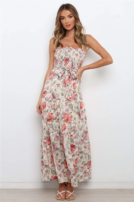 Lilyanne Floral Smocked Tie Strap Maxi Dress - Blush Multi Cozy Open-Back Maxi Dress