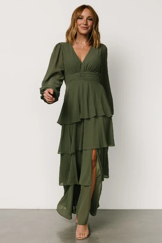 Mariella Tiered Maxi Dress | Dark Sage Elegant Maxi Dress with Pockets