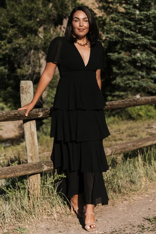 Montaigne Ruffle Maxi Dress | Black Cozy Spaghetti Strap Maxi Dress