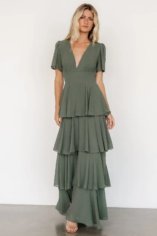 Montaigne Ruffle Maxi Dress | Dark Sage Elegant Wraparound Maxi Dress