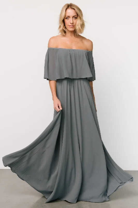 Sonia Off Shoulder Maxi Dress | Dusty Blue Comfortable Fit-and-Flare Maxi Dress