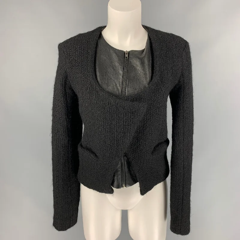 AMERICAN RETRO Eileen Size 0 Black Boucle Wool / Polyester Double Layer Jacket Boat Neck Shawl Collar Notched Collar