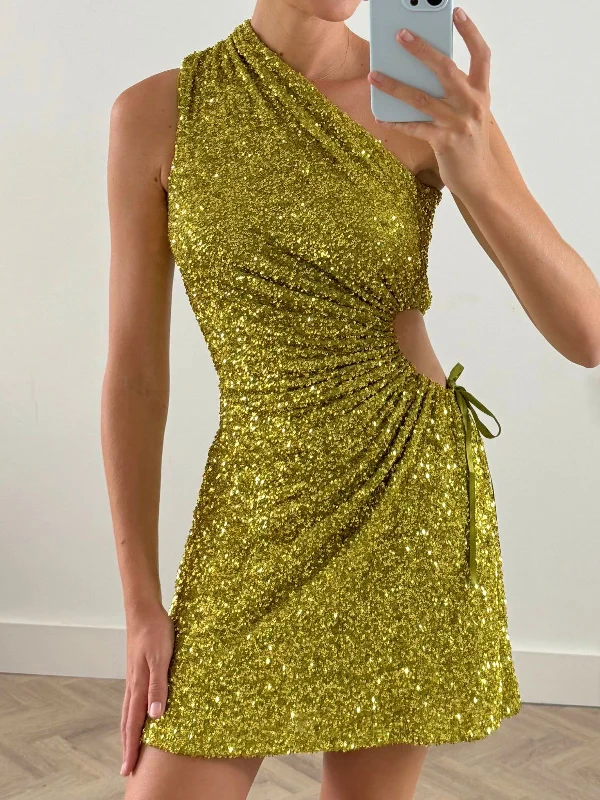 Ayla One Shoulder Mini Dress / Lime Sequin Classic Black Mini Dress