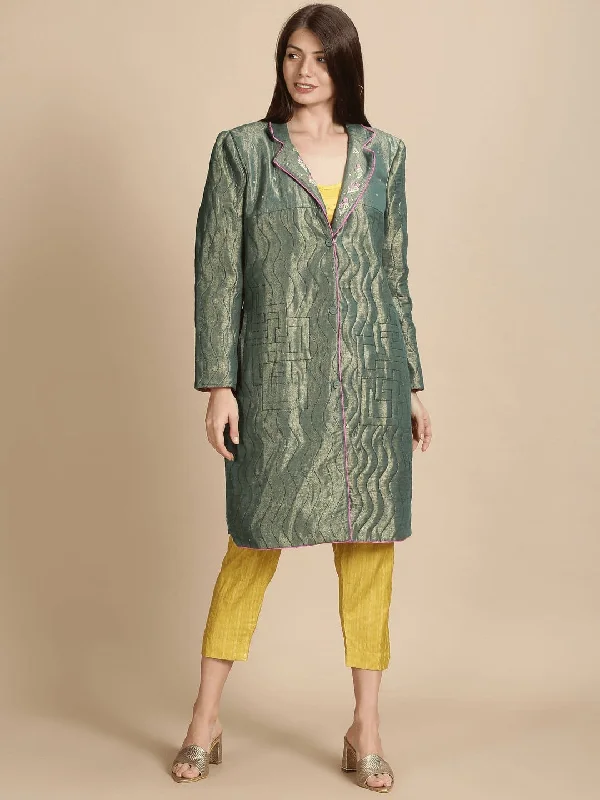 Olive Banarsi Zari Quilted Jacket Oversized Jacket Tailored Jacket Straight Jacket