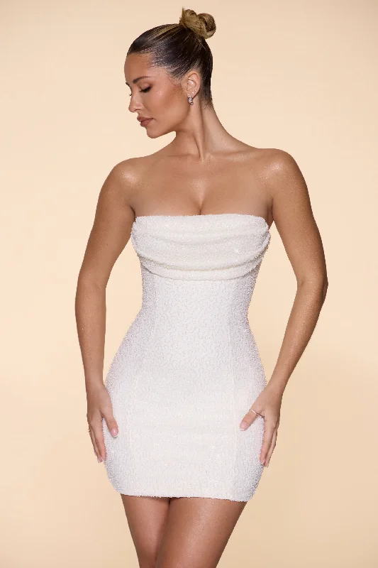 Embellished Strapless Cowl Neck Mini Dress in Ivory Elegant Mini Dress with Pleats