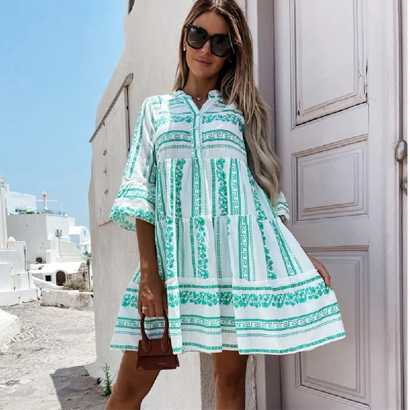 Casual V-neck High Waist Green Mini Dresses Comfortable Ruffle Mini Dress