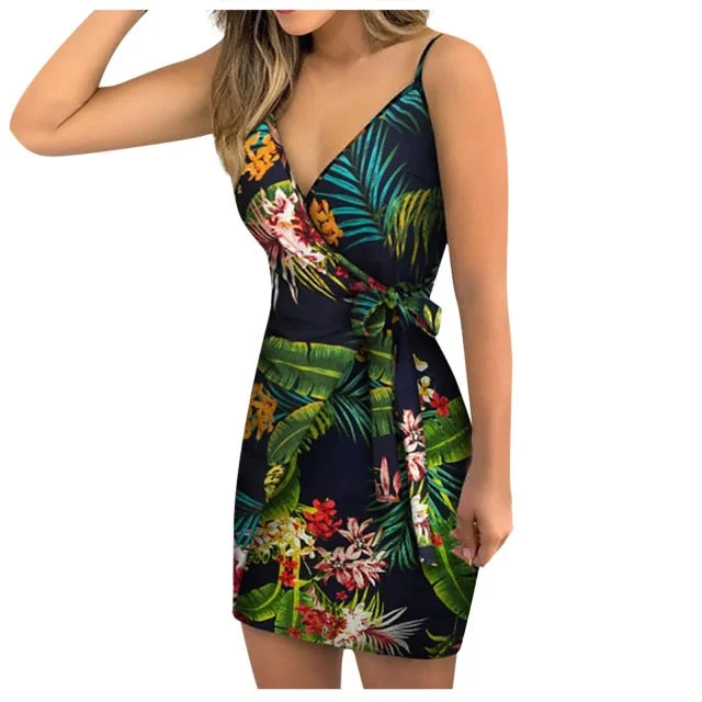 Chic Fashion Flower Print Mini Dress Cozy Ribbed Mini Dress