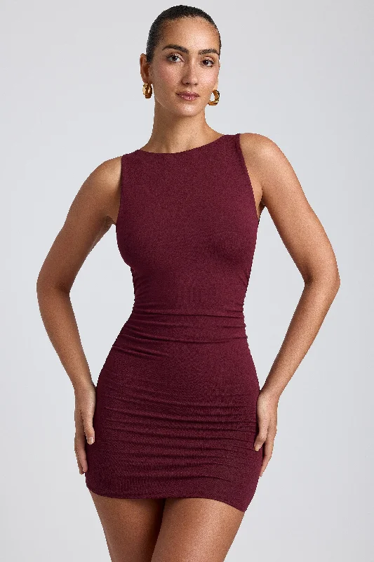 Modal High-Neck Open-Back Mini Dress in Plum Fashionable Denim Mini Dress