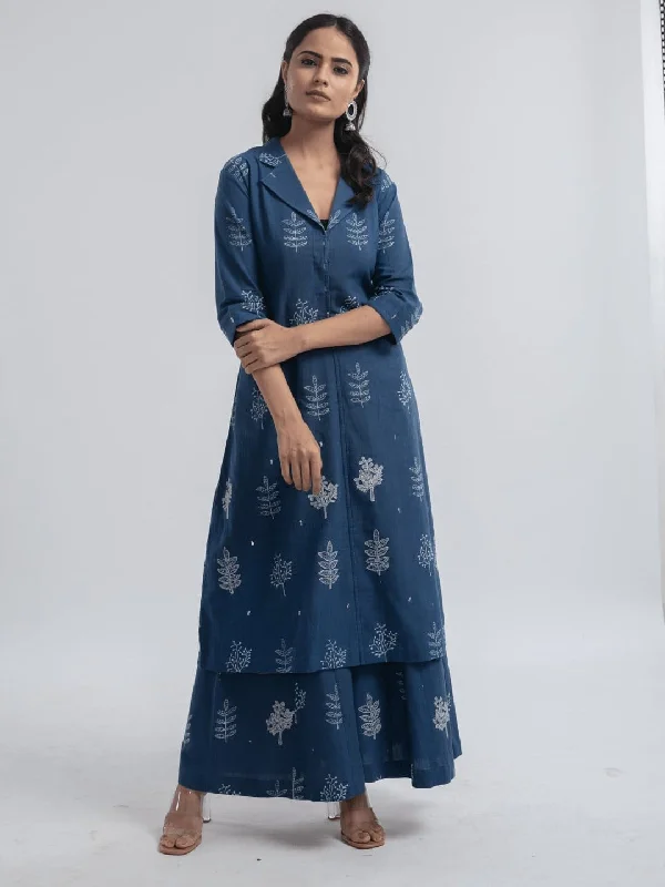 Indigo khadi Block Printed Jacket Style Kurta Set Jacket Blazer Coat