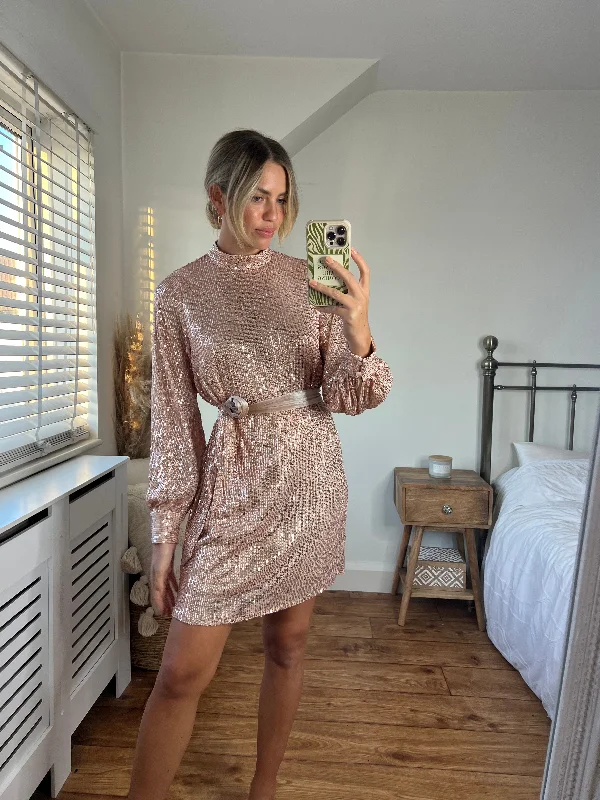 Hannah Sequin High Neck Mini Dress / Rose Gold Classic Floral Mini Dress