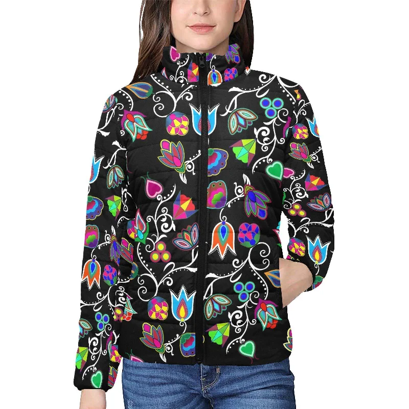 Indigenous Paisley Black Women's Stand Collar Padded Jacket Herringbone Jacket Checkered Jacket Solid Jacket