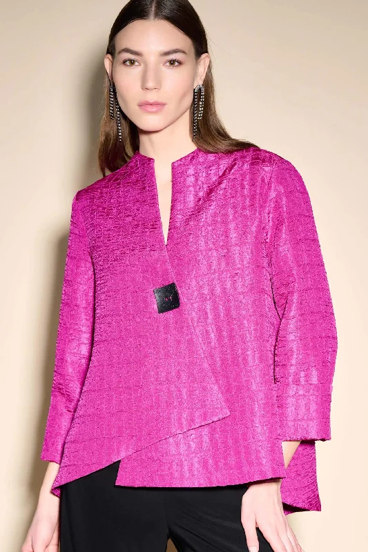 Joseph Ribkoff 233792 Fuchsia Pink Textured Woven Jacquard Swing Jacket V-Neck Jacket Boat Neck Jacket Square Neck Jacket