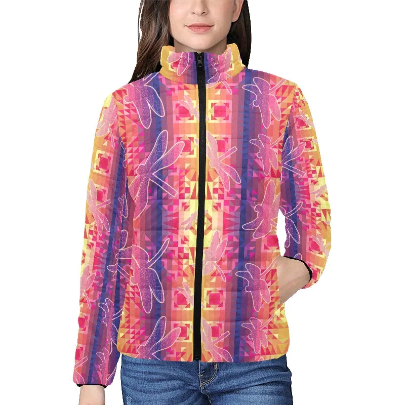 Kaleidoscope Dragonfly Women's Stand Collar Padded Jacket Cardigan Sweater Pullover