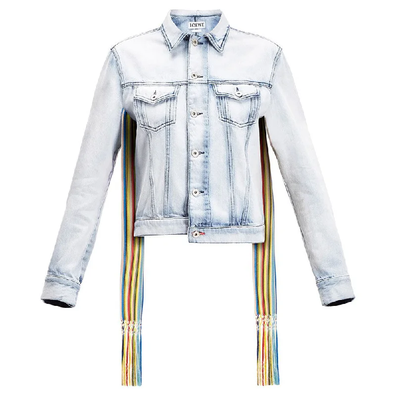 Loewe Women's Stonewashed Cotton Jean Jacket with Rainbow Accent One-Shoulder Jacket Off-the-Shoulder Jacket Asymmetrical Jacket