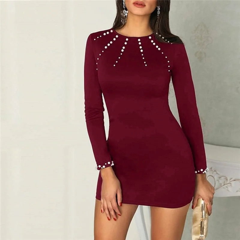 Long Sleeve O-neck Elegant Solid Slim Mini Dress Elegant Sequin Mini Dress